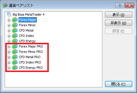 BigBossプロスプレッド口座シンボル