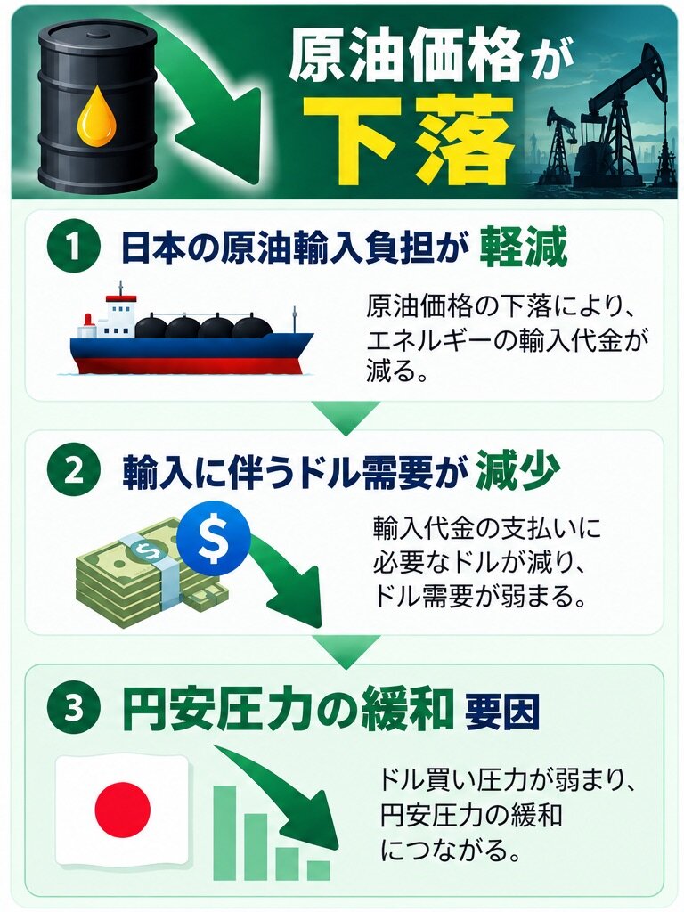原油価格下落による日本の輸入負担軽減、ドル需要減少、円安圧力緩和の仕組み