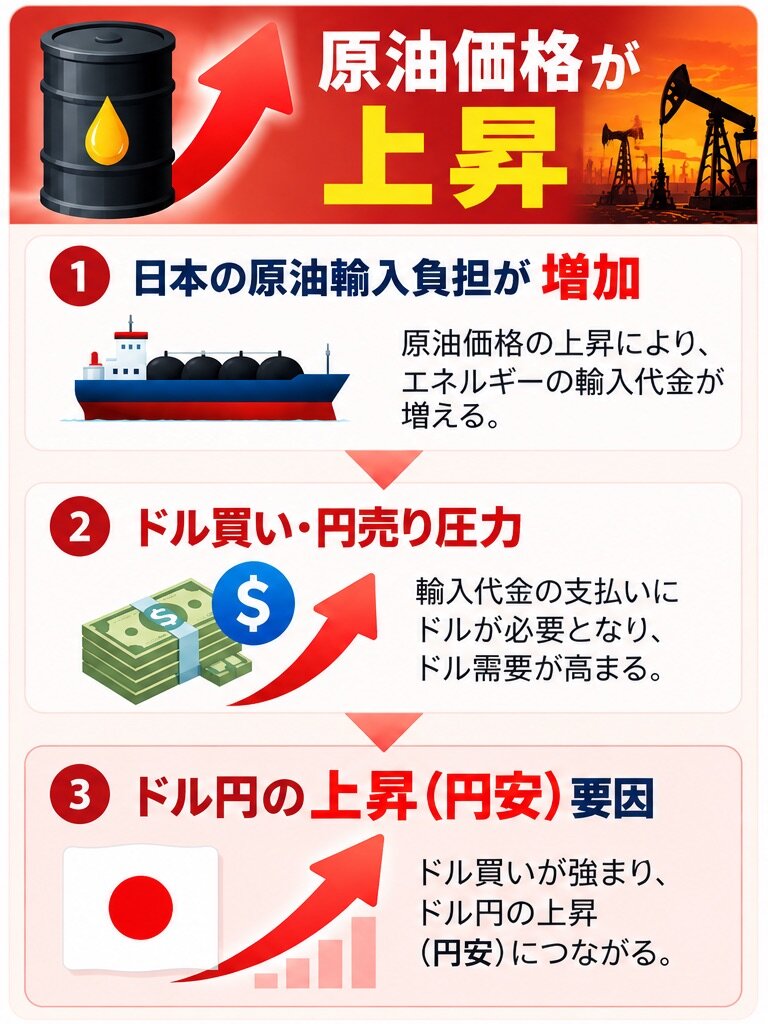 原油価格上昇による日本の輸入負担増加、ドル買い・円売り圧力、ドル円上昇の仕組み