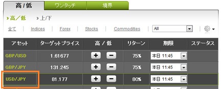 optionfair 取引画面 高低