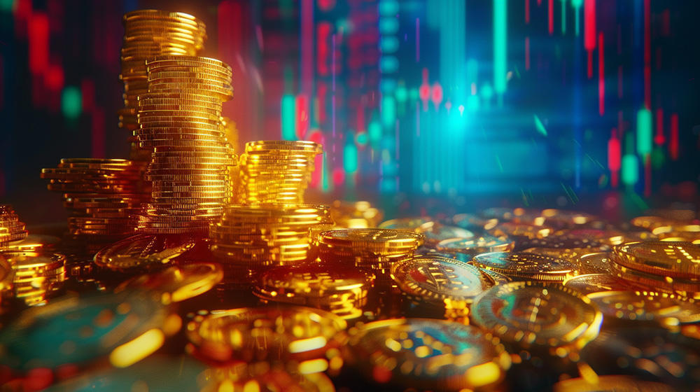 金取引、金貨の山積み