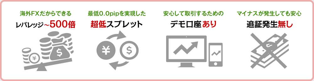 海外FXだからできるレバレッジ～500倍/最低0.0pipを実現した超低スプレット/安心して取引するためのデモ口座あり/マイナスが発生しても安心追証発生無し